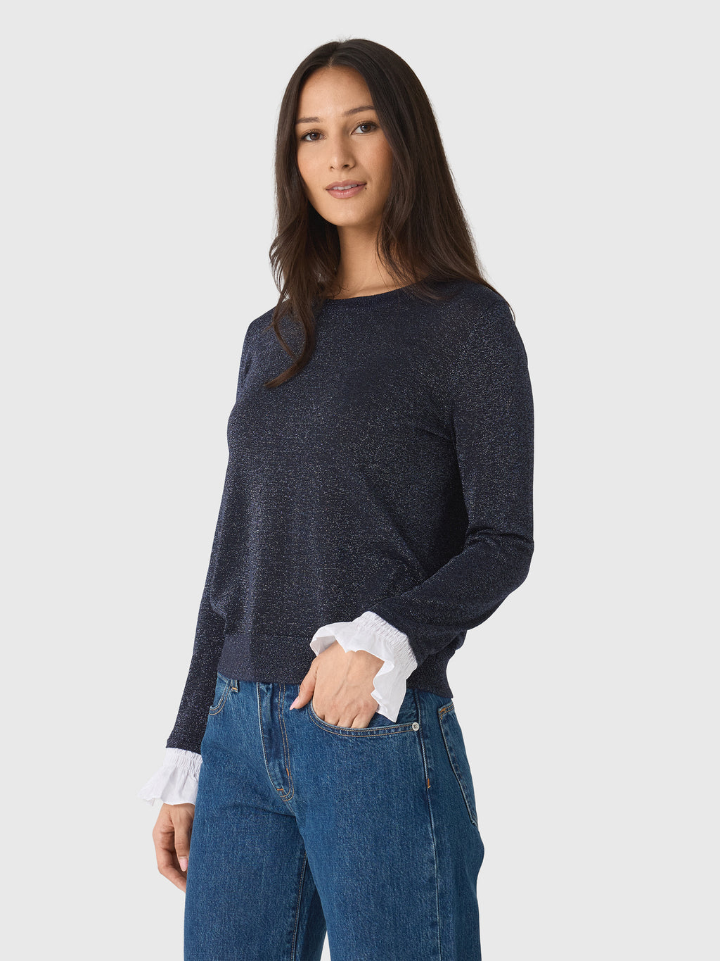 MVG Women's Ruffle Cuff Sparkle Sweater - Saint Bernard