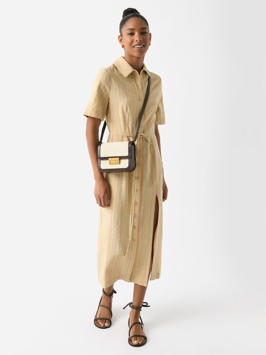 Matthew Bruch Women's Button-Up Midi Shirt Dress, Avocado Striped Tencel Linen | Size: 4