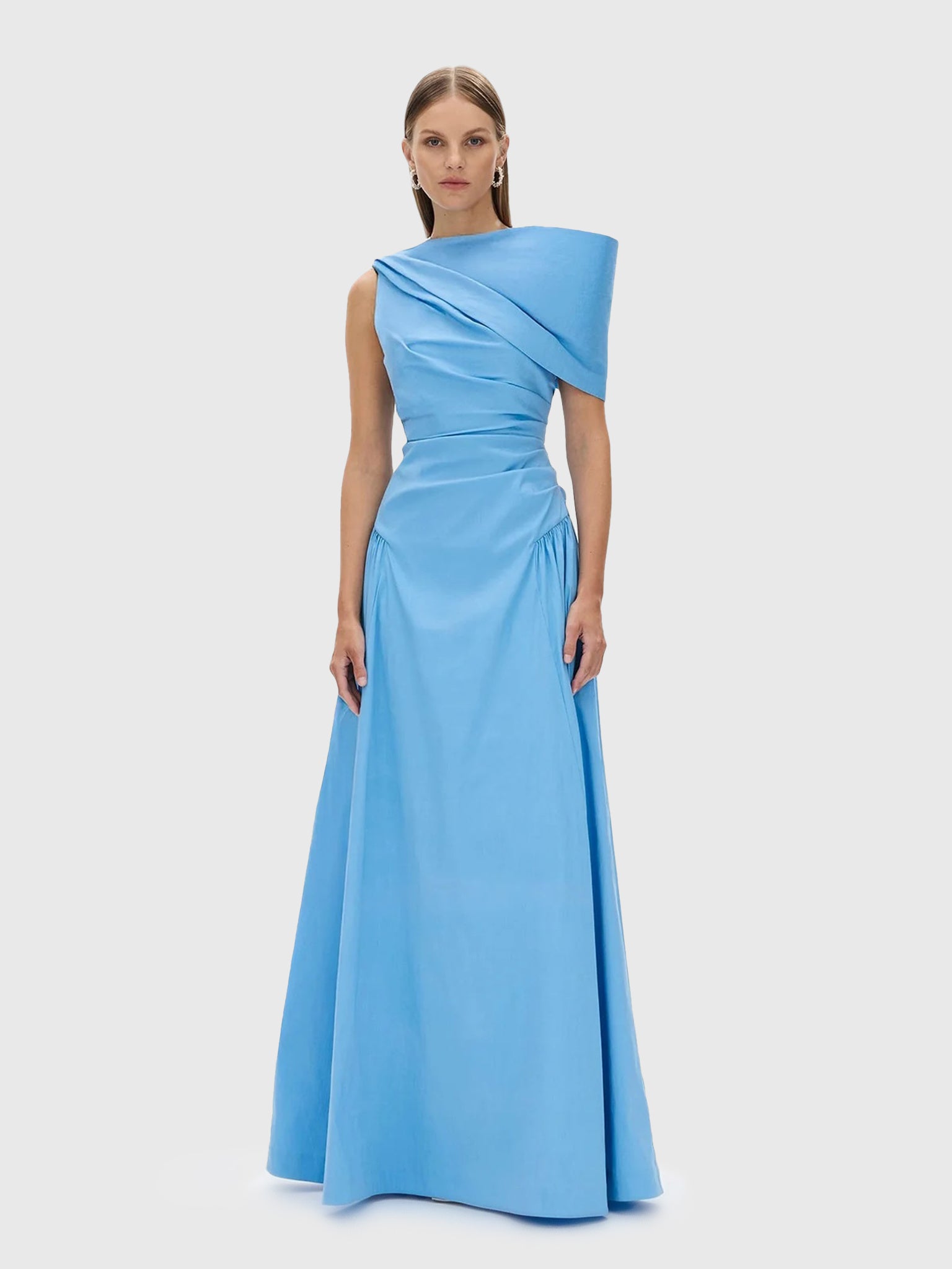 rachel gilbert blue dress Women's Banksia Gown venechia draped column silhouette designed H&M Midi Floral Blue/White Shoe Size:8.5 USA