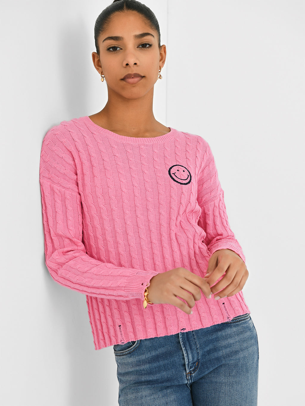 J Society Women's Cable Varsity Smiley Crew Sweater - Saint Bernard