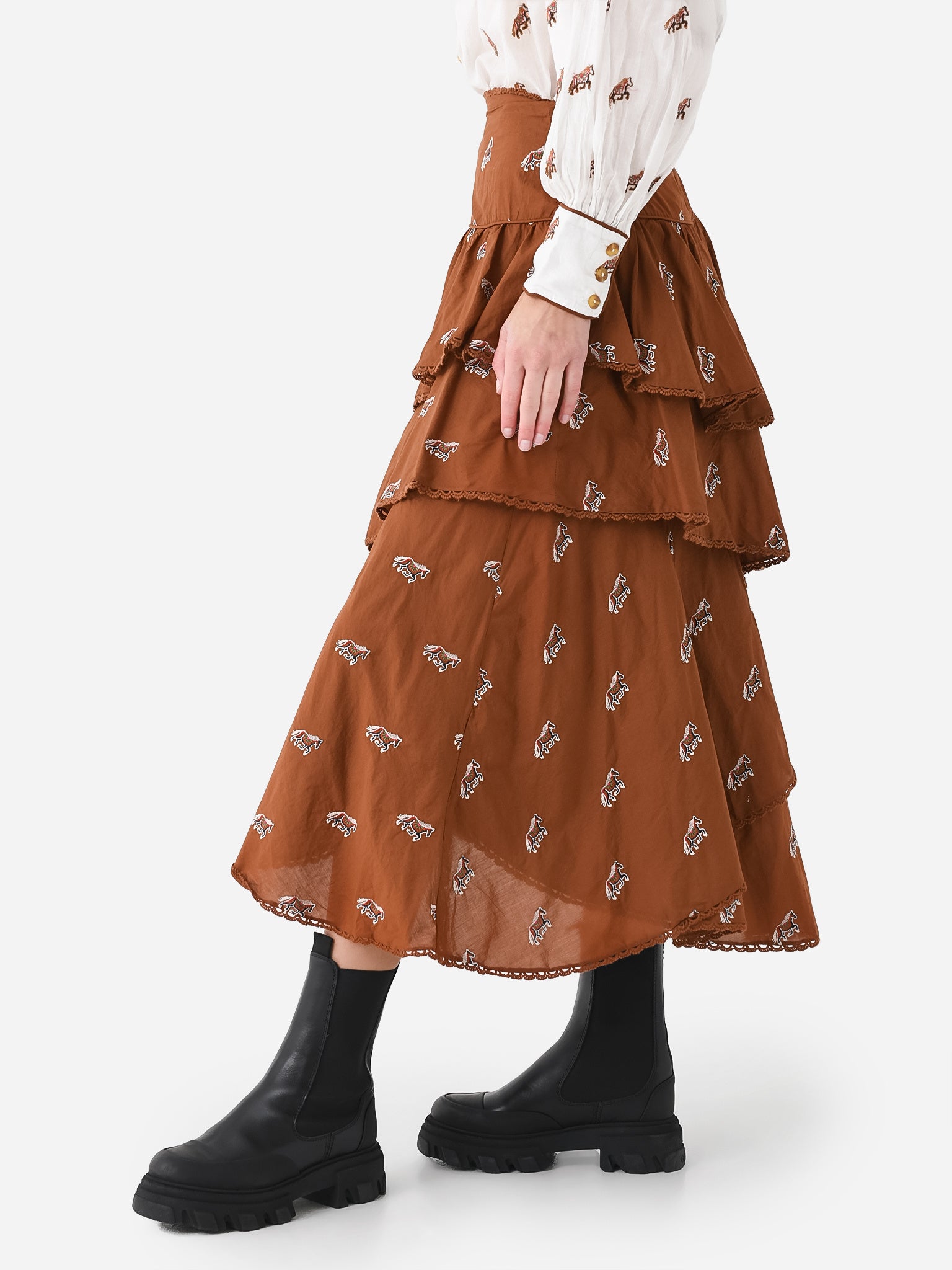 Maxi Women\'s Layered Horses Farm – Embroidered Skirt Rio