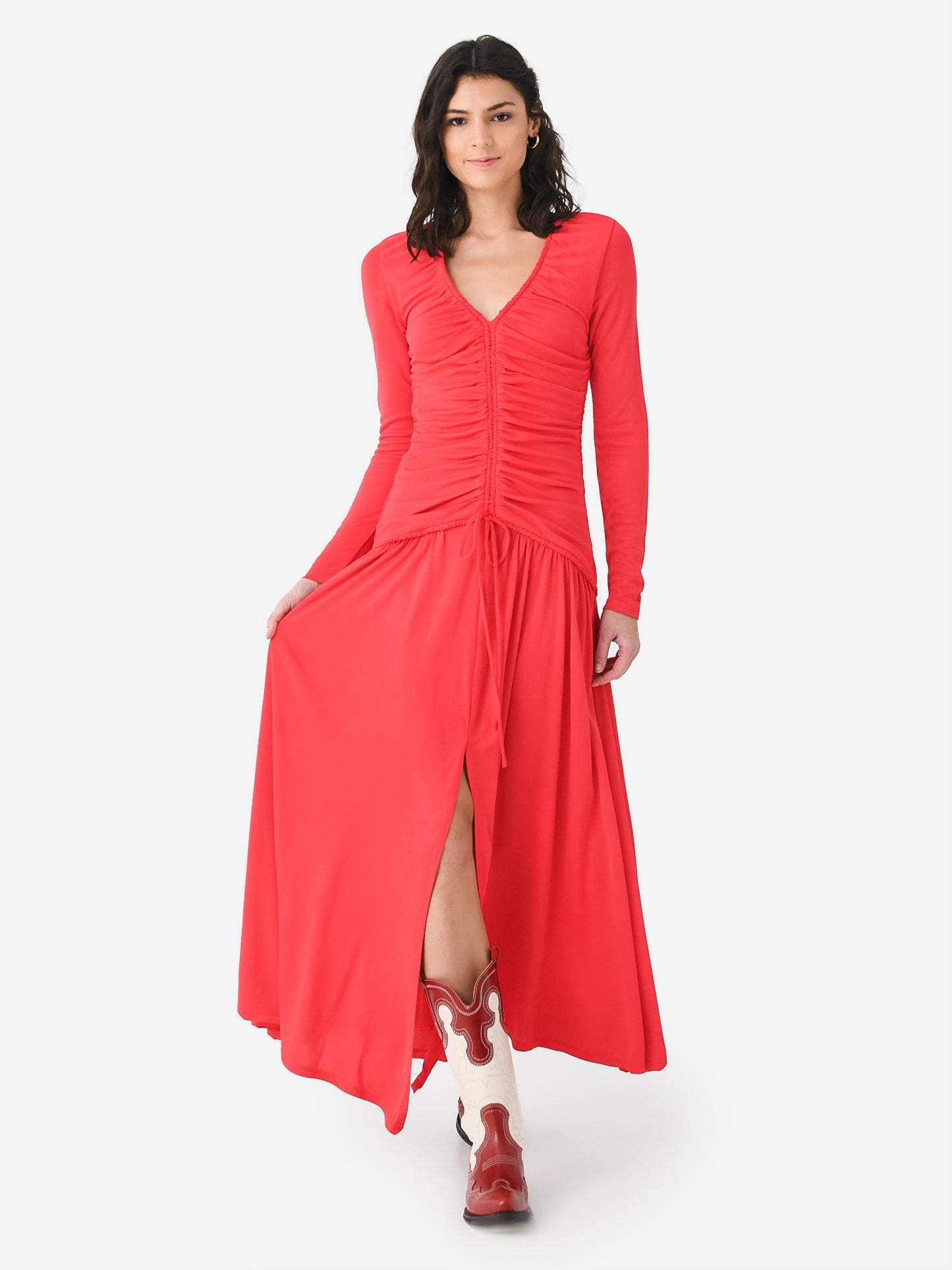 Red V Neckline Long Sleeve Midi Dress