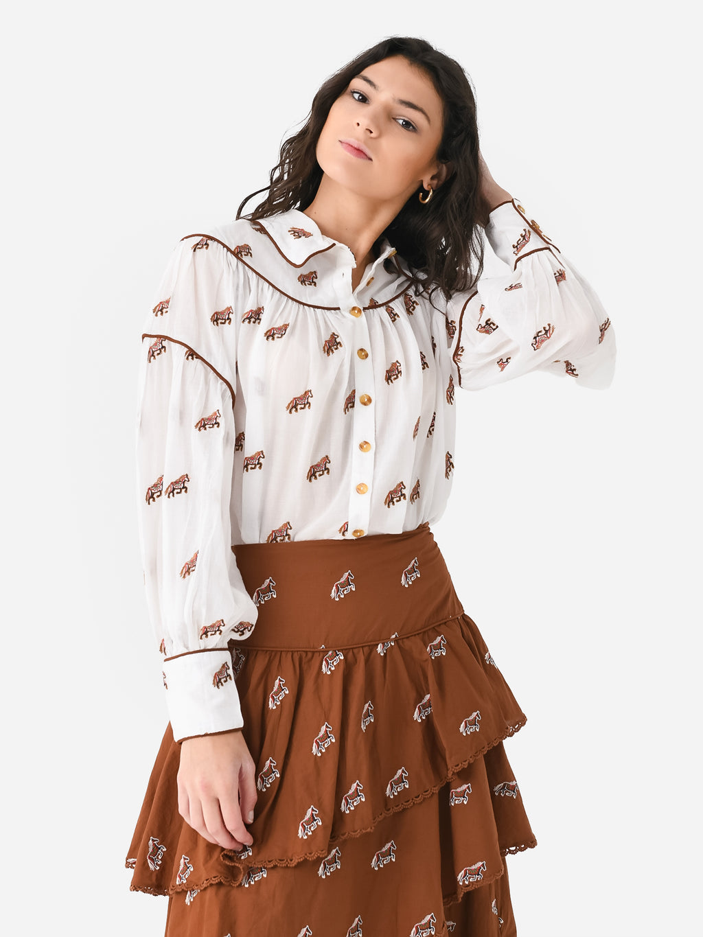 Farm Rio Women's Embroidered Horse Blouse - Saint Bernard