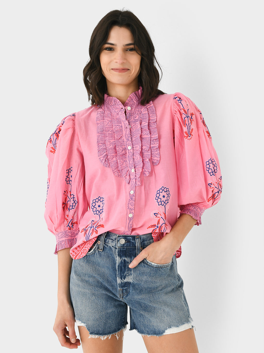 Oliphant Women's Ruffle Front Button Blouse - Saint Bernard