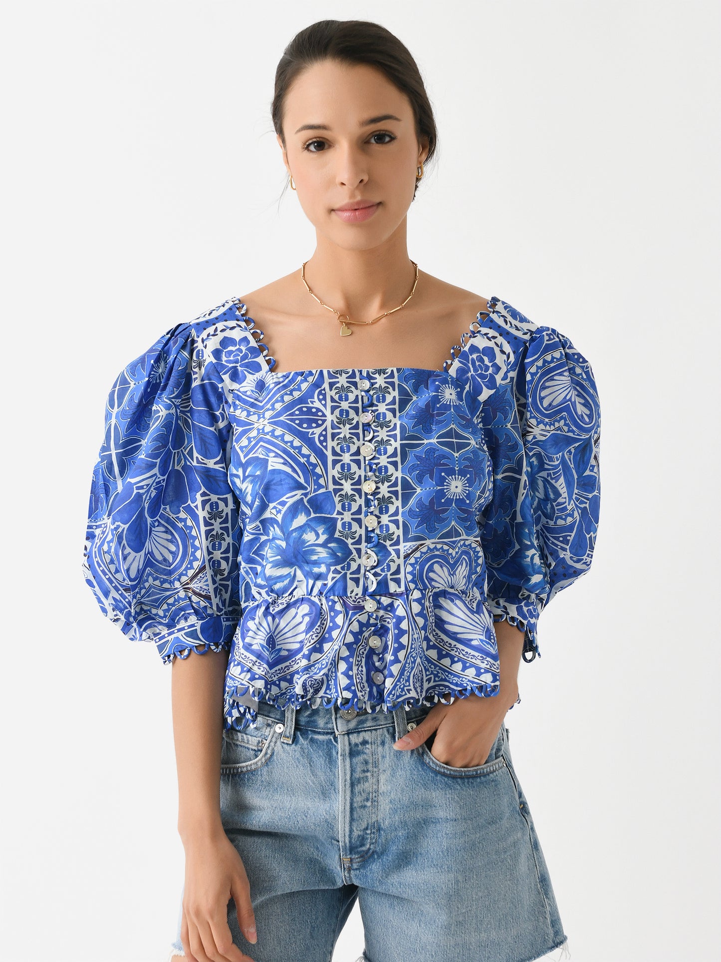 Farm Rio Women's Tile Dream Short Sleeve Blouse - Saint Bernard