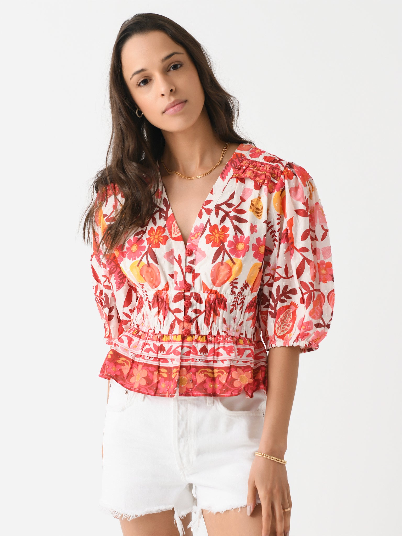 Farm Rio Women's Romantic Orchard Cropped Blouse - Saint Bernard