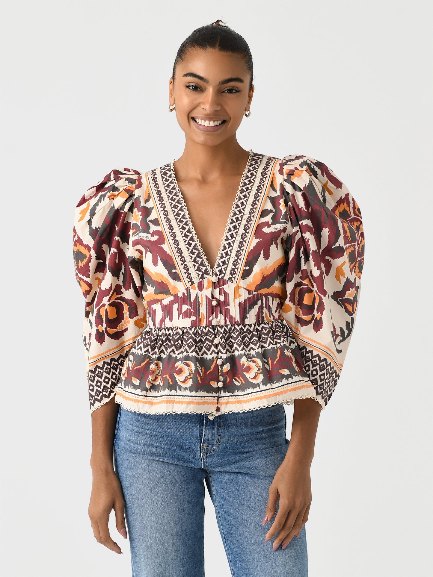 Farm Rio Women's Toucans Scarf Puff Sleeve Blouse - Saint Bernard