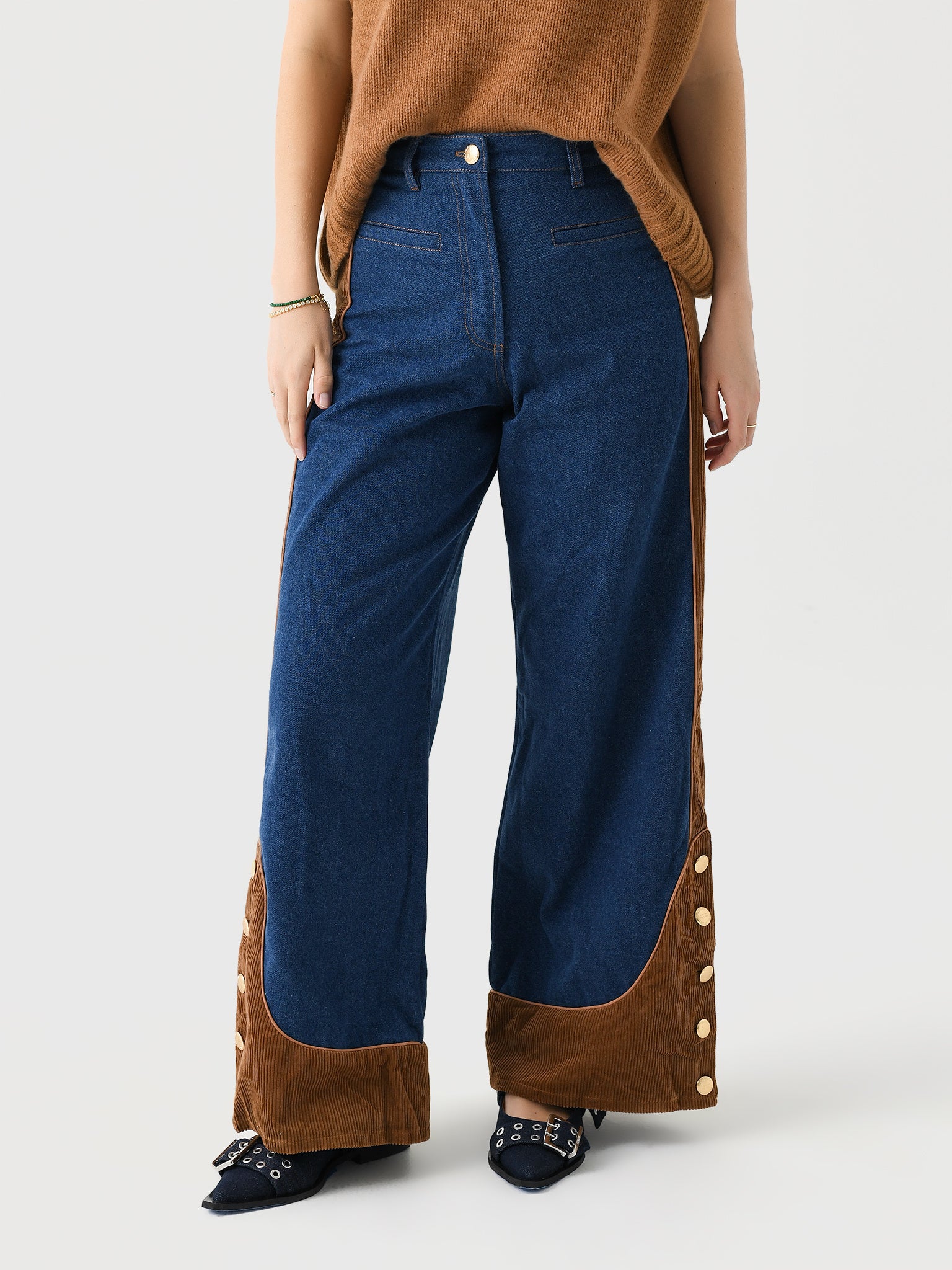 Farm Rio Women's Low Waisted Western Denim Wide Pant - Saint Bernard