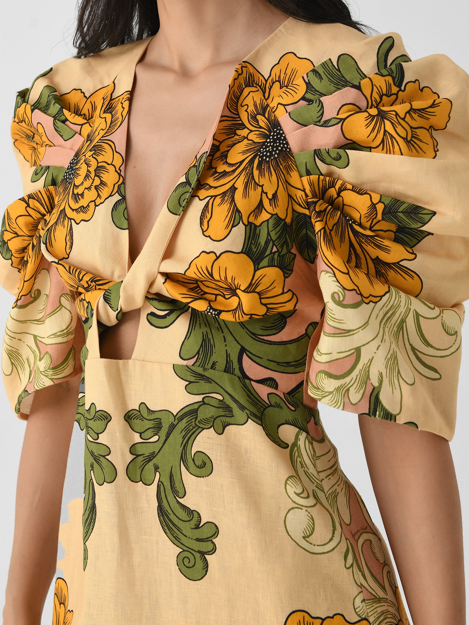farm rio delicate flower arabesques short sleeve midi dress FARM Rio Delicate Flower Arabesques Linen Midi Dress in Yellow