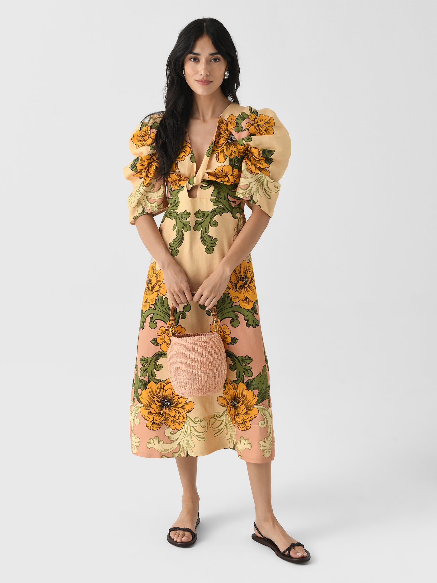 Farm Rio Women's Delicate Flower Arabesques Short Sleeve Midi Dress - Saint Bernard