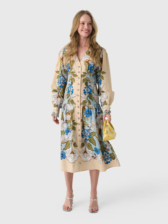 farm rio cerrado stamps long sleeve midi shirt dress Sand Garden Scarf Organic Cotton Dress, Garden Scarf BLUE / M MSS 26 UP TO 50% OFF this dress features a Asian Dressing Recipe Color:Black and Purple