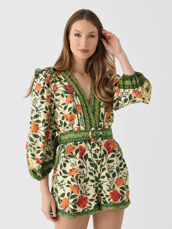 Farm Rio Women's Garden Tapestry Romper Saint Bernard