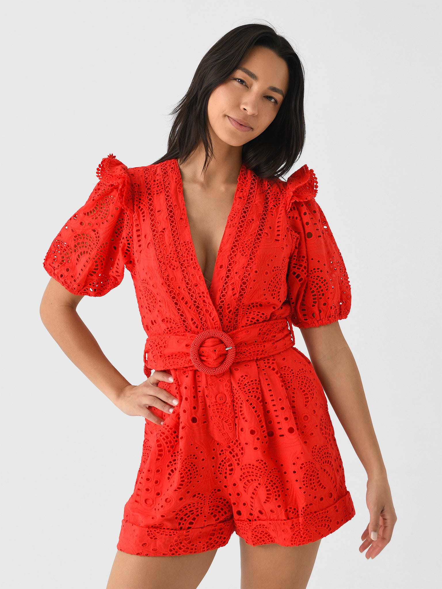 Farm Rio Women's Eyelet Beaded Belt Romper - Saint Bernard