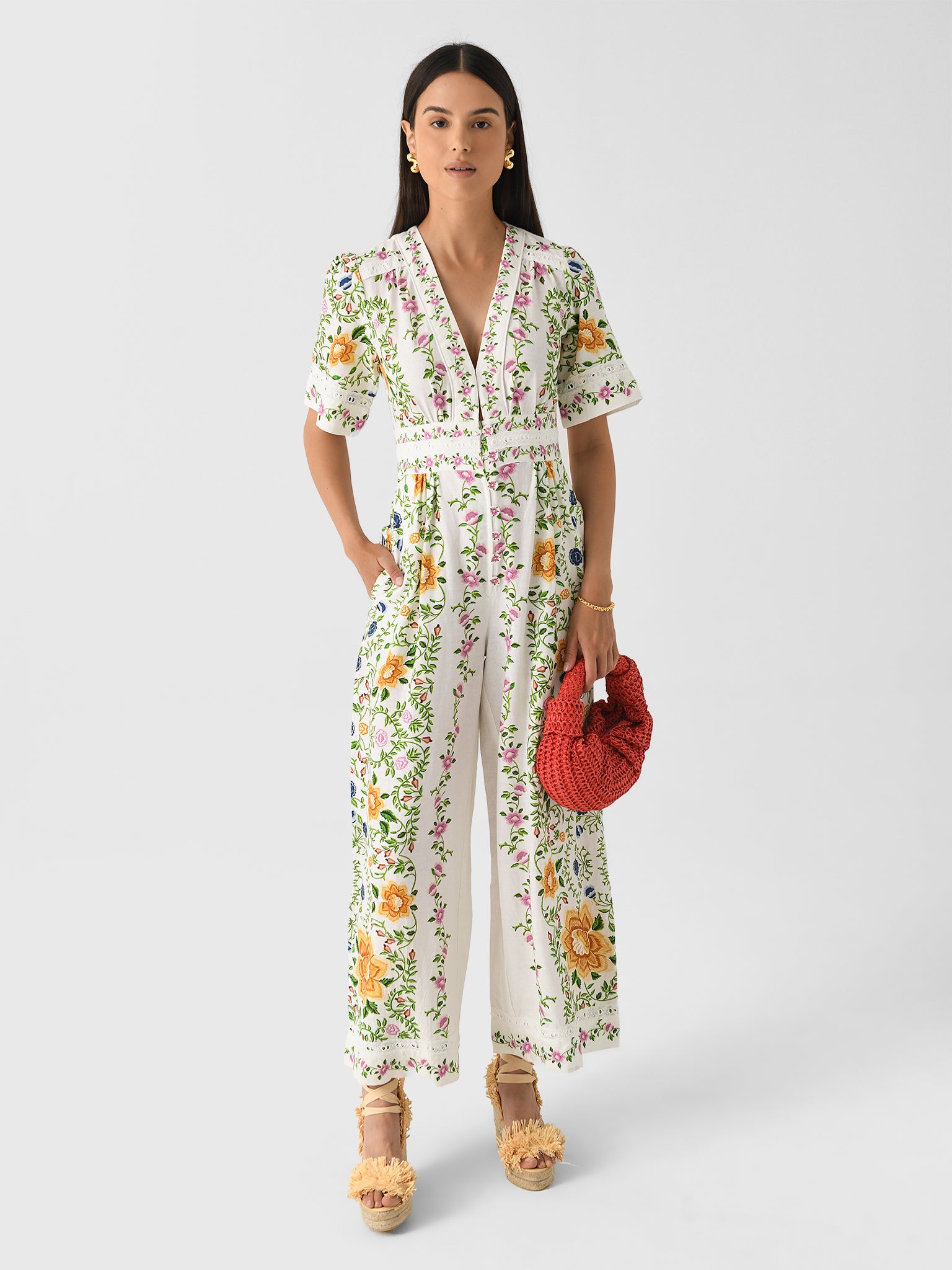 Farm Rio Women's Folk Floral Jumpsuit - Saint Bernard