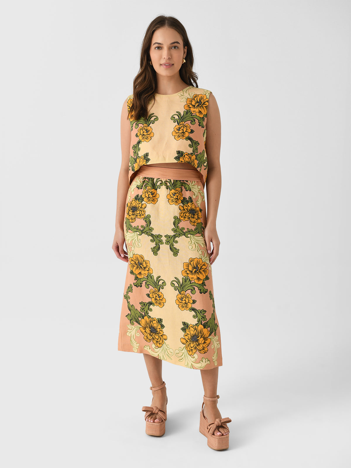 Farm Rio Women's Delicate Flower Arabesques Midi Skirt Saint Bernard