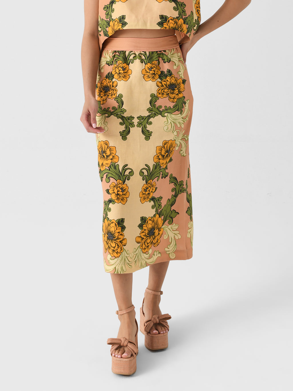 farm rio floral arabesque linen midi-dress Farm Rio Women's Delicate Flower Arabesques Midi Skirt – Saint Bernard