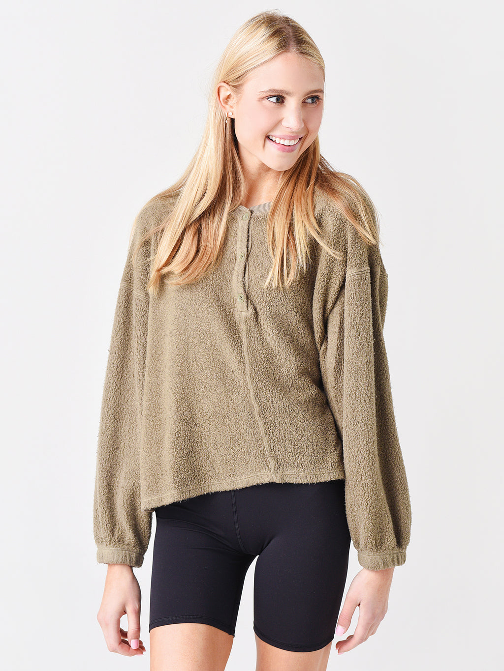 Stateside Women's Sherpa Cropped Henley Sweatshirt - Saint Bernard