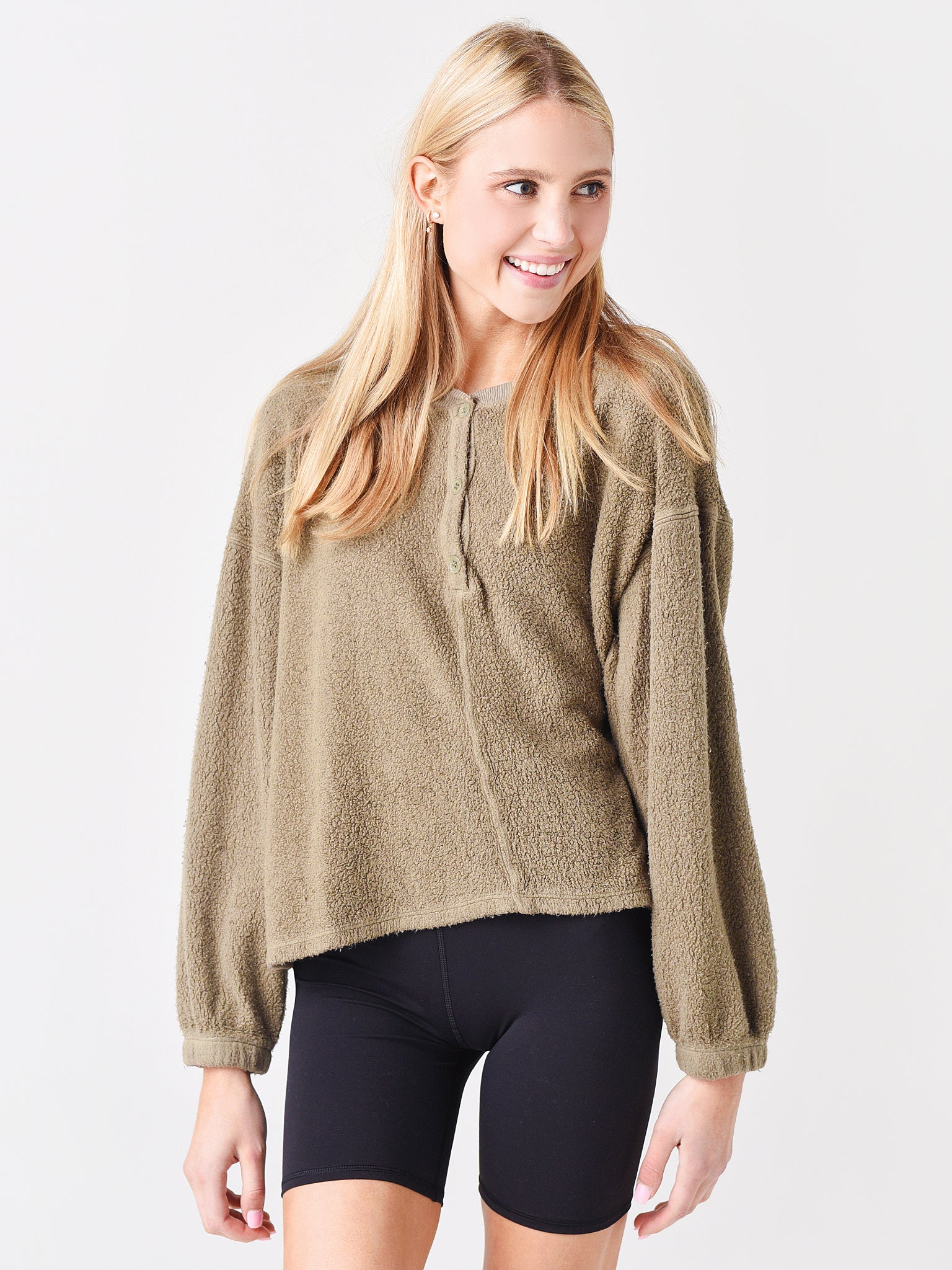 Stateside Women's Sherpa Cropped Henley Sweatshirt - Saint Bernard