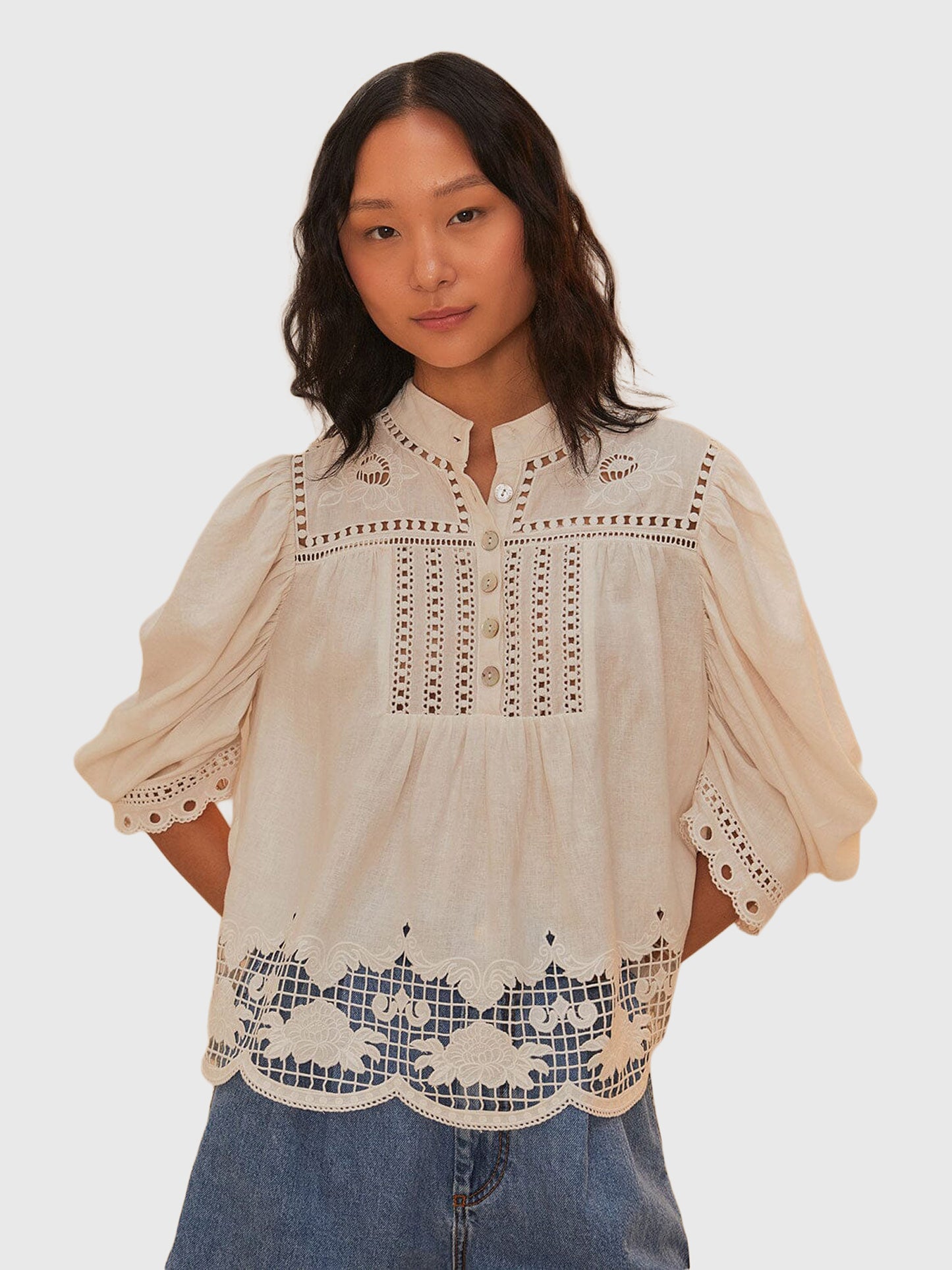 Farm Rio Women's Romantic Richelieu Blouse - Saint Bernard
