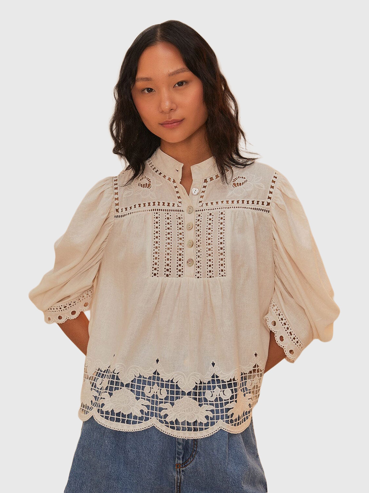 Farm Rio Women's Romantic Richelieu Blouse - Saint Bernard