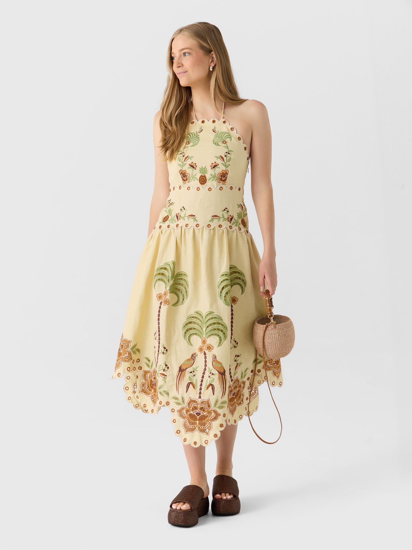 Farm Rio Women's Delicate Forest Richelieu Embroidered Midi Dress - Saint Bernard