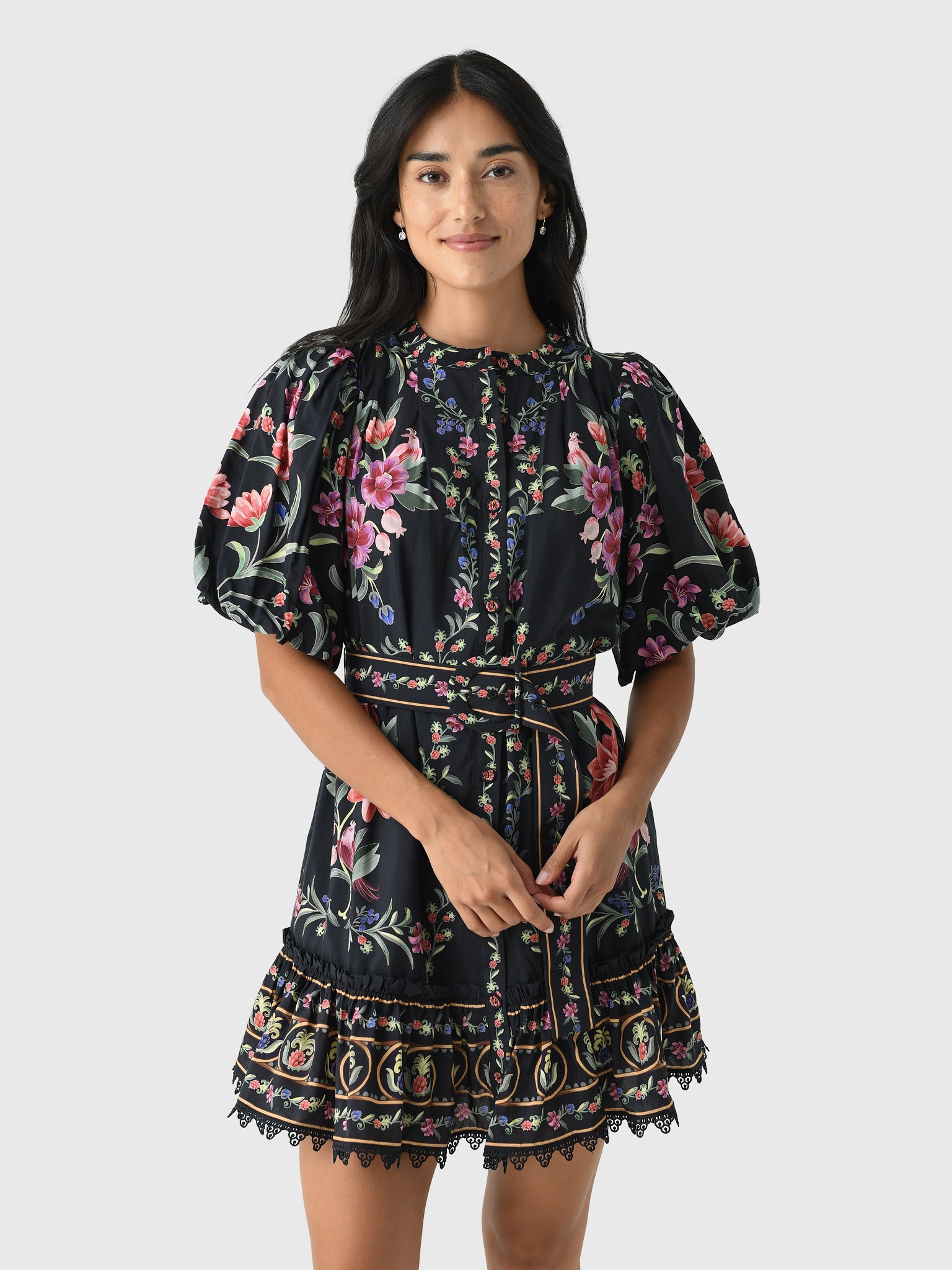 Farm Rio Women's Belle Garden Lace Belted Mini Dress - Saint Bernard