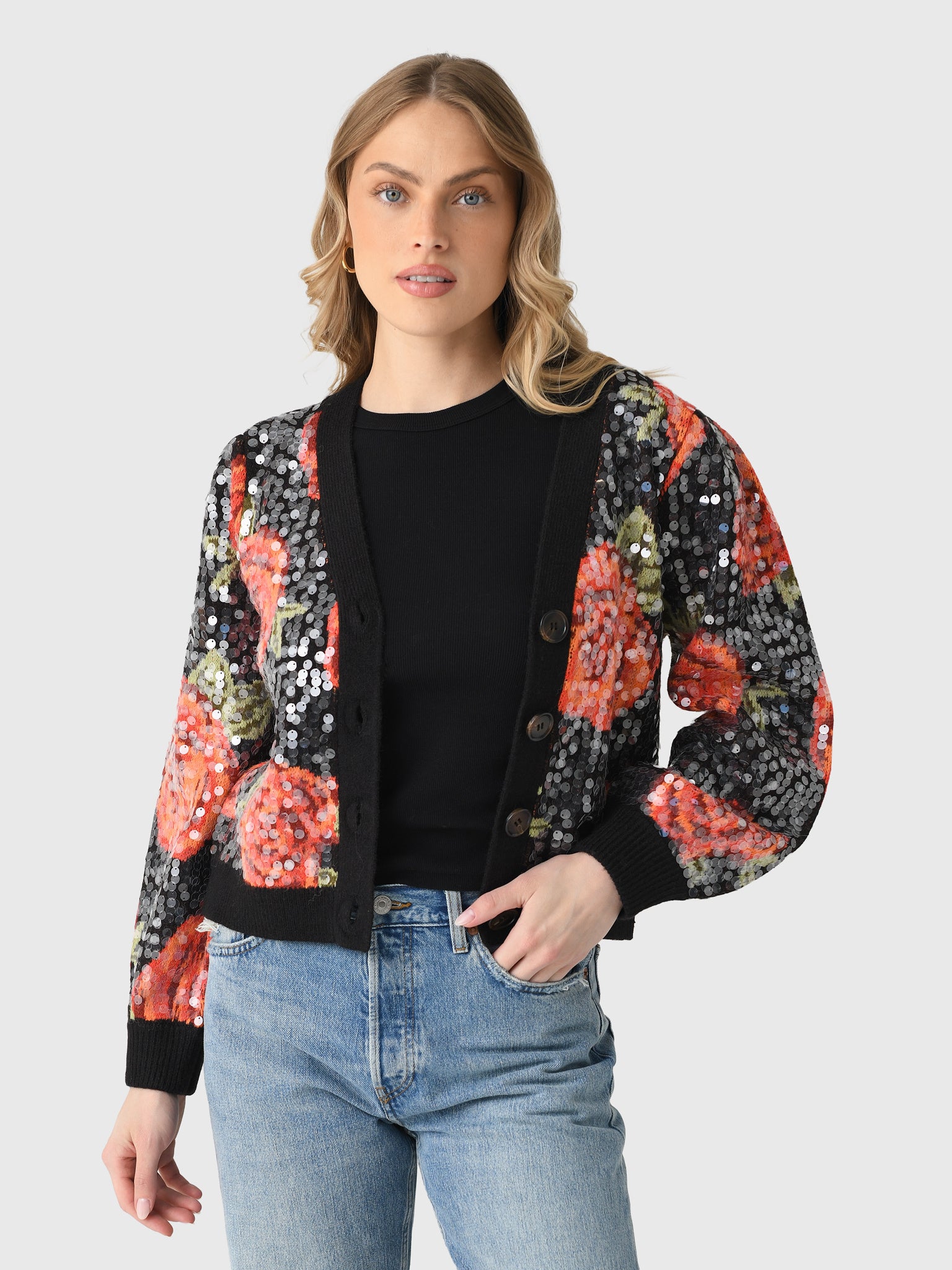 Farm Rio Women's Latin Roses Sequin Knit Cardigan | $298.00