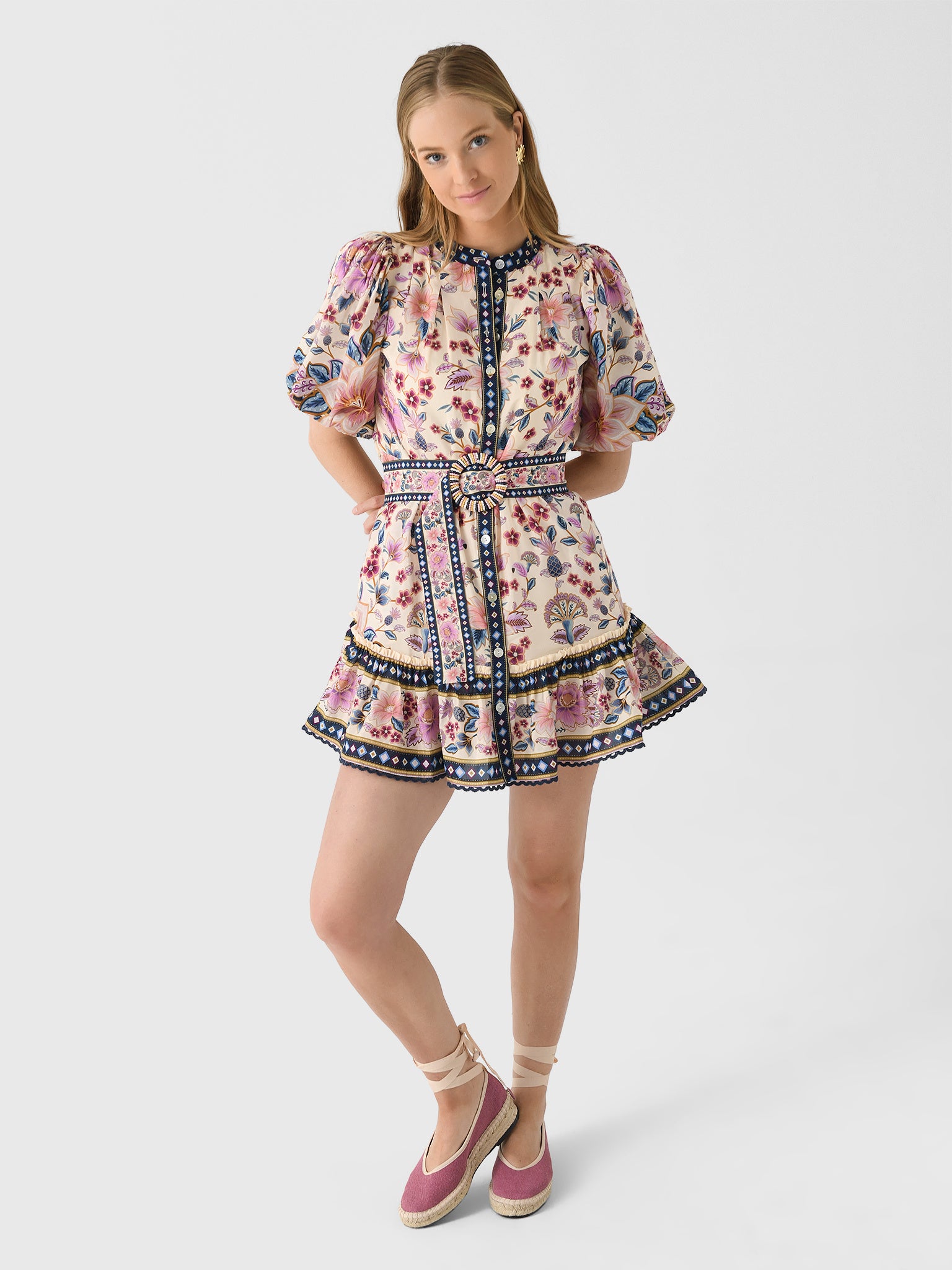 blue superbloom tapestry organic cotton mini dress FARM Rio Embroidered Tapestry Blue Mini Dress