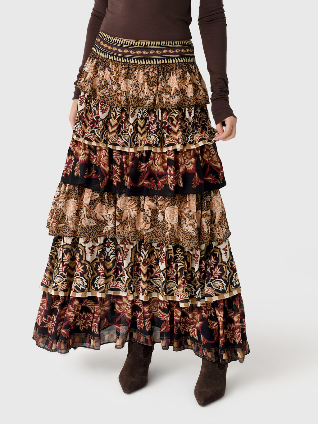 Farm Rio Women's Mixed Scarves Ruffled Maxi Skirt - Saint Bernard