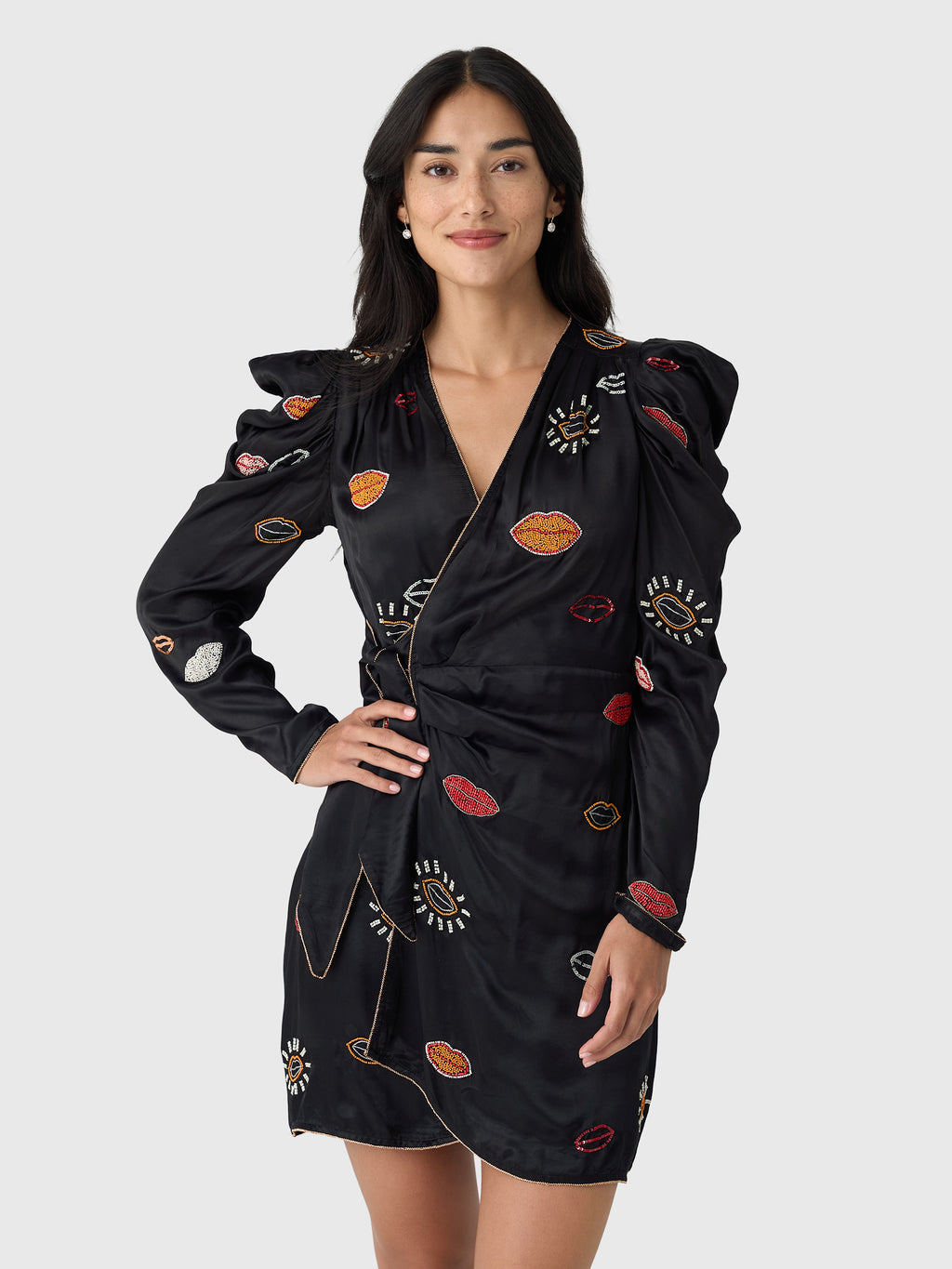 Farm Rio Women's Beaded Kisses Wrap Mini Dress - Saint Bernard