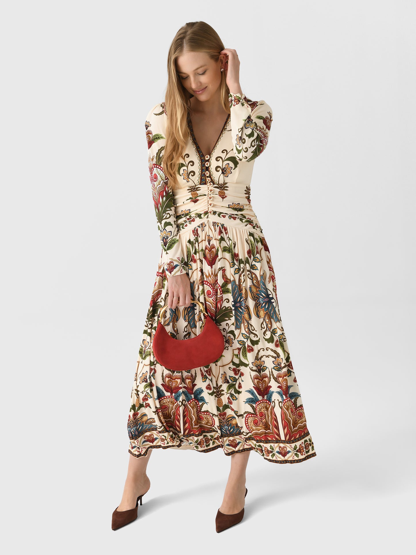 Farm Rio Women's Majestic Hearts Long Sleeve Midi Dress - Saint Bernard