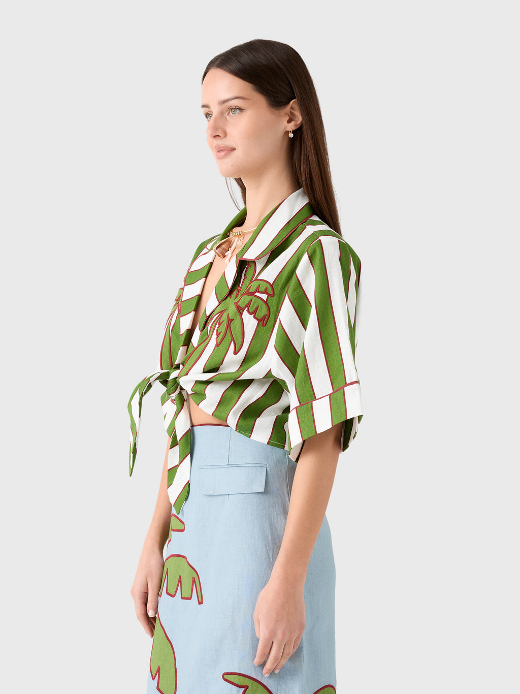 Farm Rio Women's Spring Stripes Embroidered Linen Crop Top - Saint Bernard