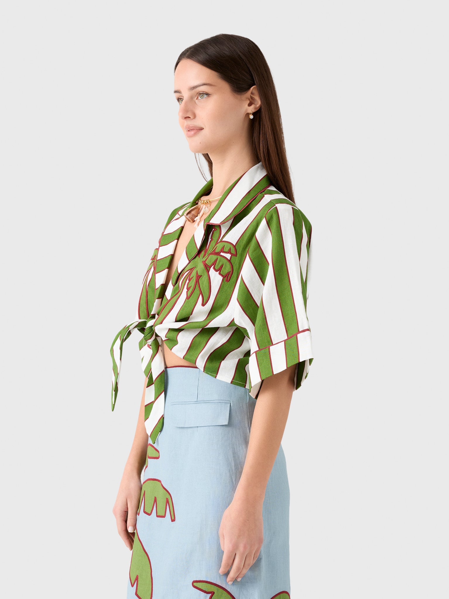 Farm Rio Women's Spring Stripes Embroidered Linen Crop Top - Saint Bernard