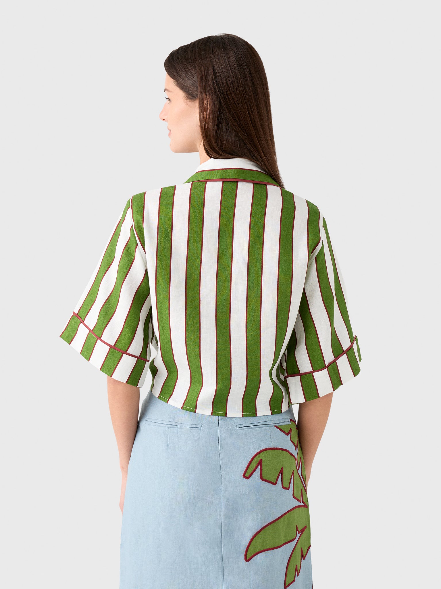 Farm Rio Women's Spring Stripes Embroidered Linen Crop Top - Saint Bernard