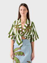 Farm Rio Women's Spring Stripes Embroidered Linen Crop Top - Saint Bernard