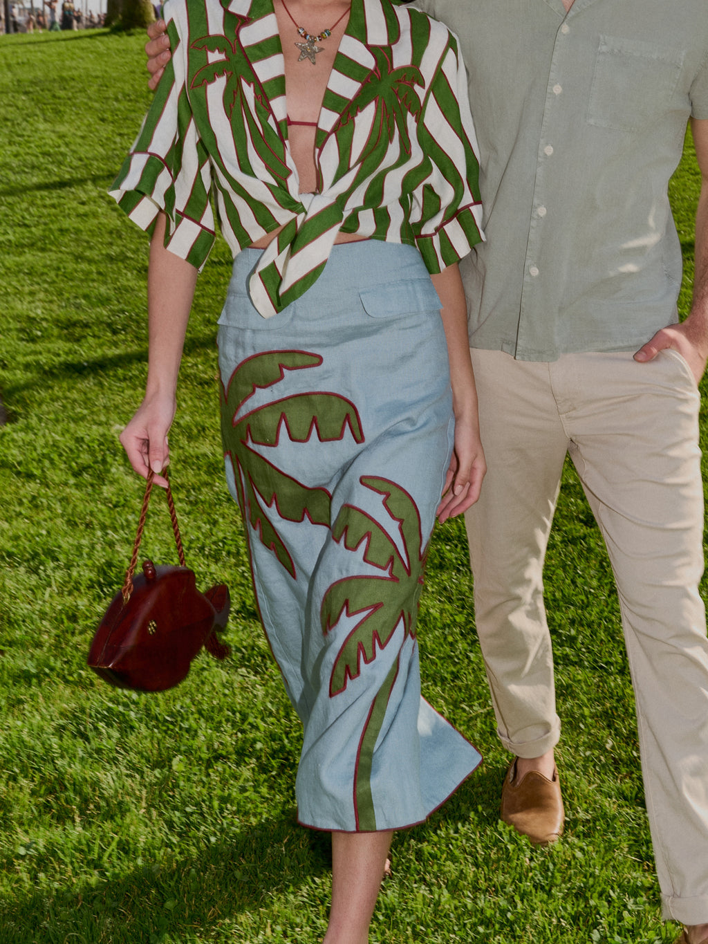 Farm Rio Women's Embroidered Palm Tree Linen Maxi Skirt - Saint Bernard