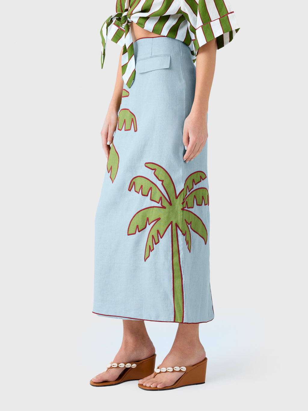 Farm Rio Women's Embroidered Palm Tree Linen Maxi Skirt - Saint Bernard