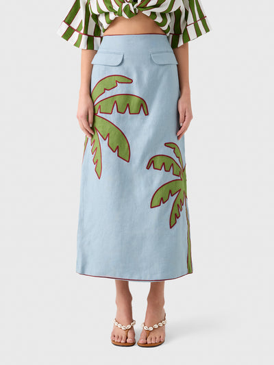 Farm Rio Women's Embroidered Palm Tree Linen Maxi Skirt - Saint Bernard