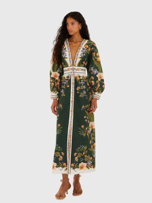 Farm Rio Women's Nature V-Neck Button Maxi Dress