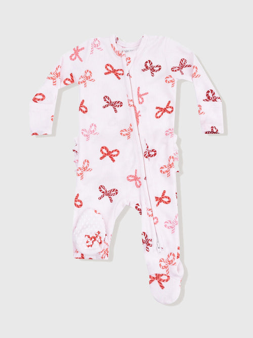 Angel Dear Baby Girls' Candy Cane Bows 2-Way Zipper Ruffle Back Footie