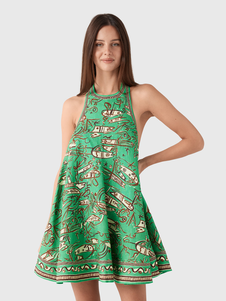 Alémais Fish Sticks Mini Dress | Print/Green | Size 12