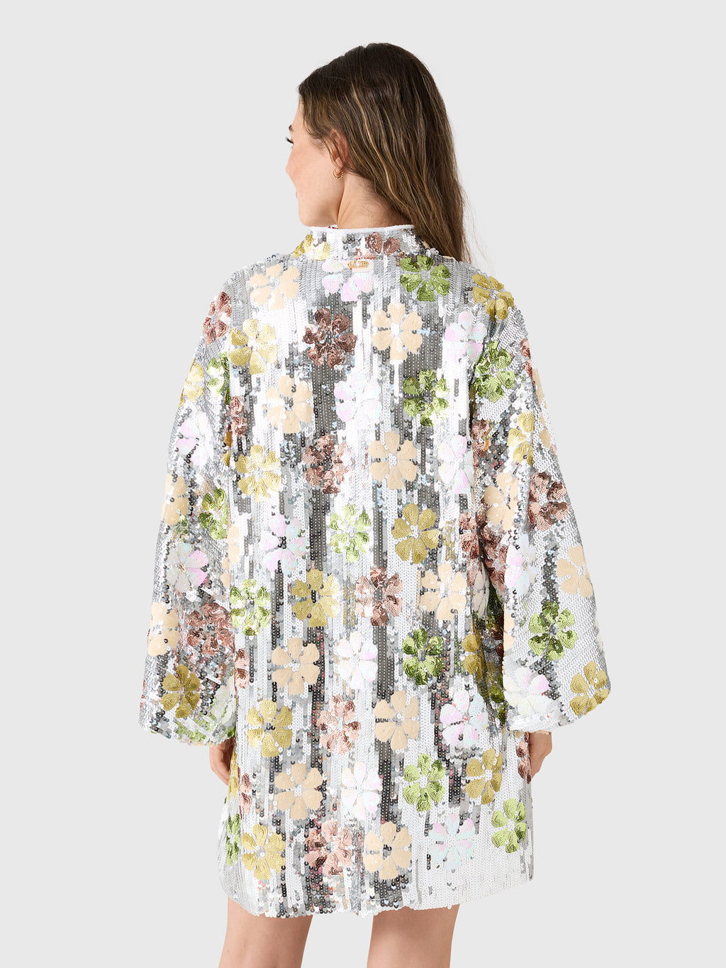 La Vie Women's Sequin Silver Mod Flower Mini Caftan - Saint Bernard