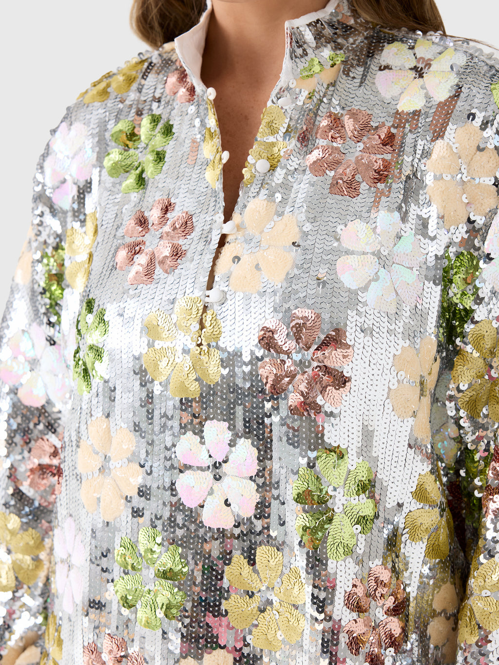 La Vie Women's Sequin Silver Mod Flower Mini Caftan - Saint Bernard