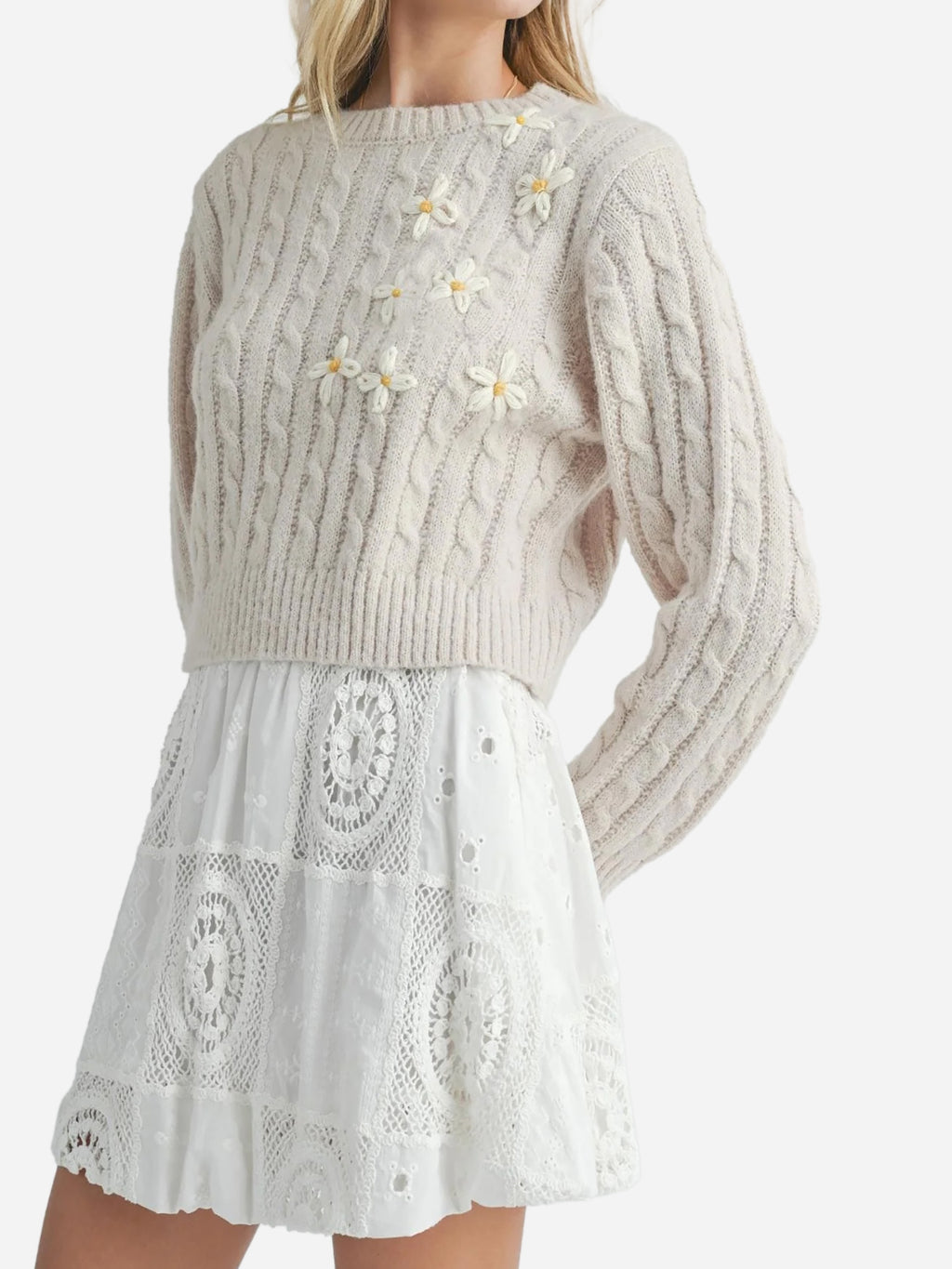 Sadie + Sage Girls' Lulu Embroidered Daisy Sweater - Saint Bernard