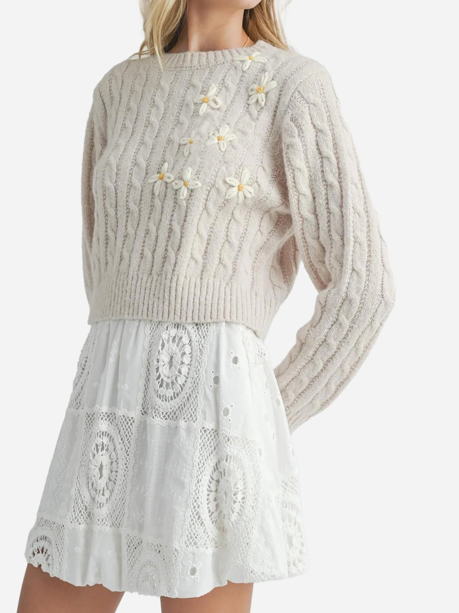 Sadie + Sage Girls' Lulu Embroidered Daisy Sweater - Saint Bernard