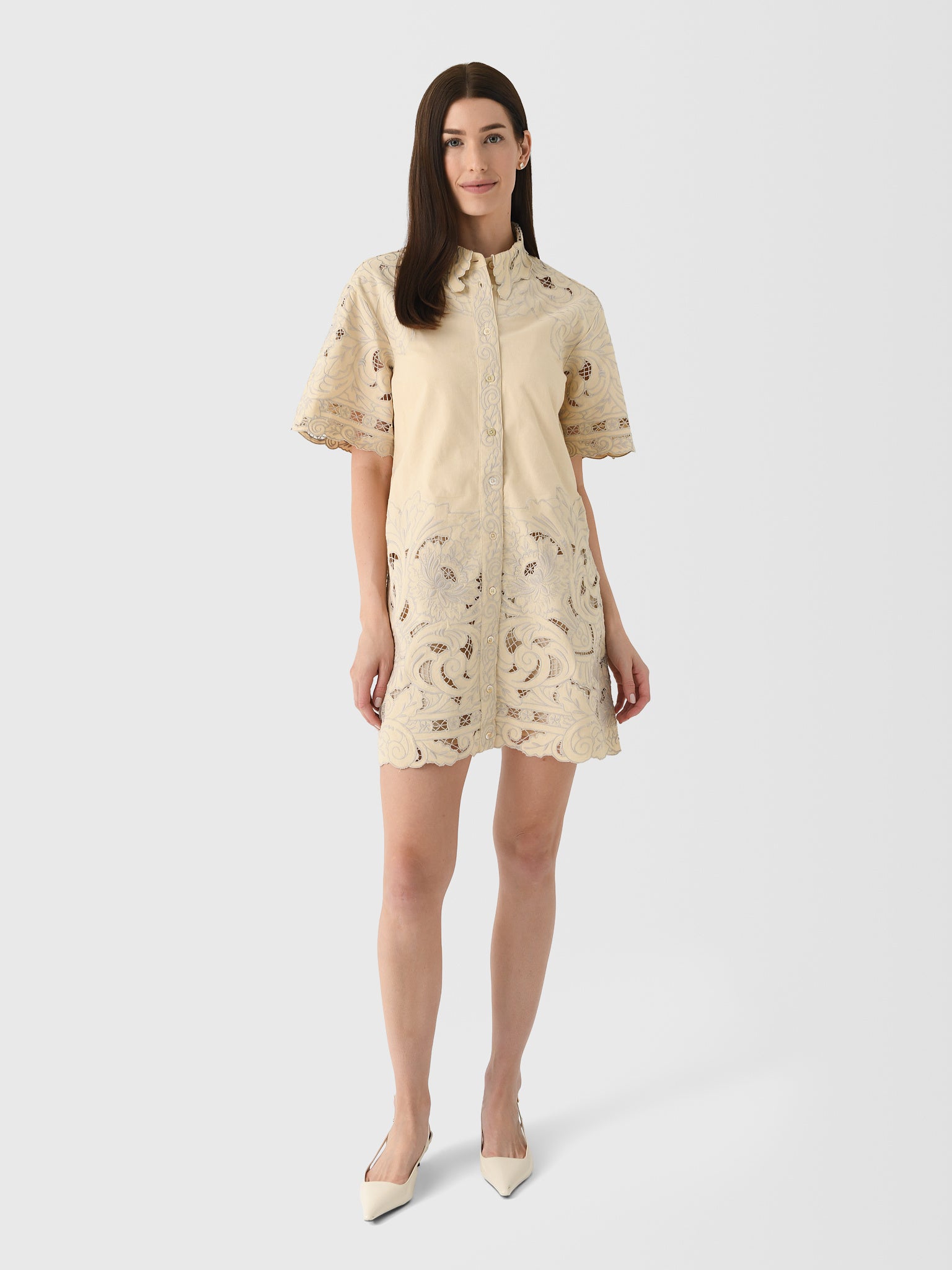 floral embroidered shirt dress Abstract Floral Embroidery Belted Shirt Dress Ivory / XL / PF259363
