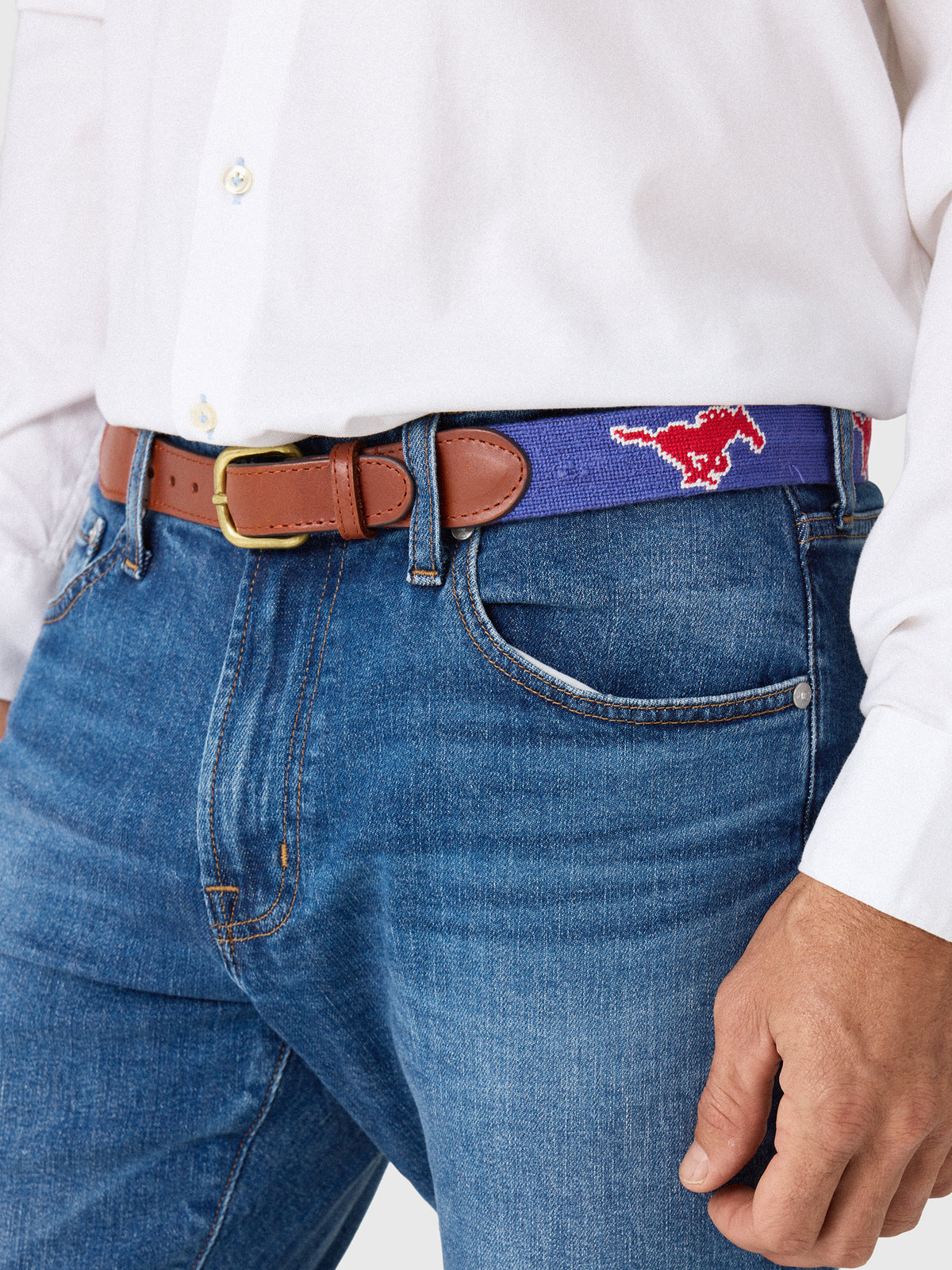 Smathers & Branson Men's Southern Methodist University Needlepoint Belt - Saint Bernard