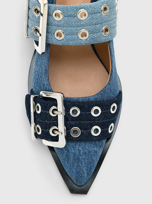 GANNI Women's Feminine Buckle Ballerina Denim Flat