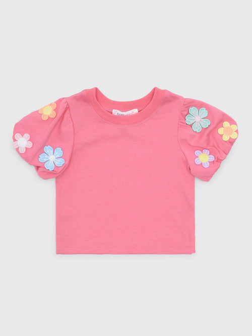 Baby Sara Girls' Flower Trim Puff Sleeve Top