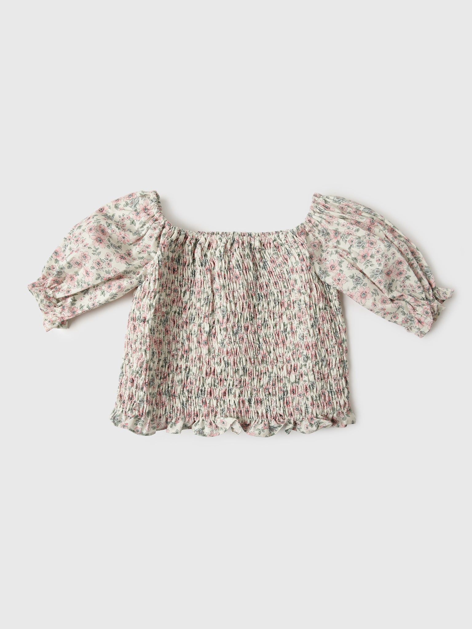 Be Elizabeth Girls' Cherry Blossom Short Sleeve Smocked Top - Saint Bernard
